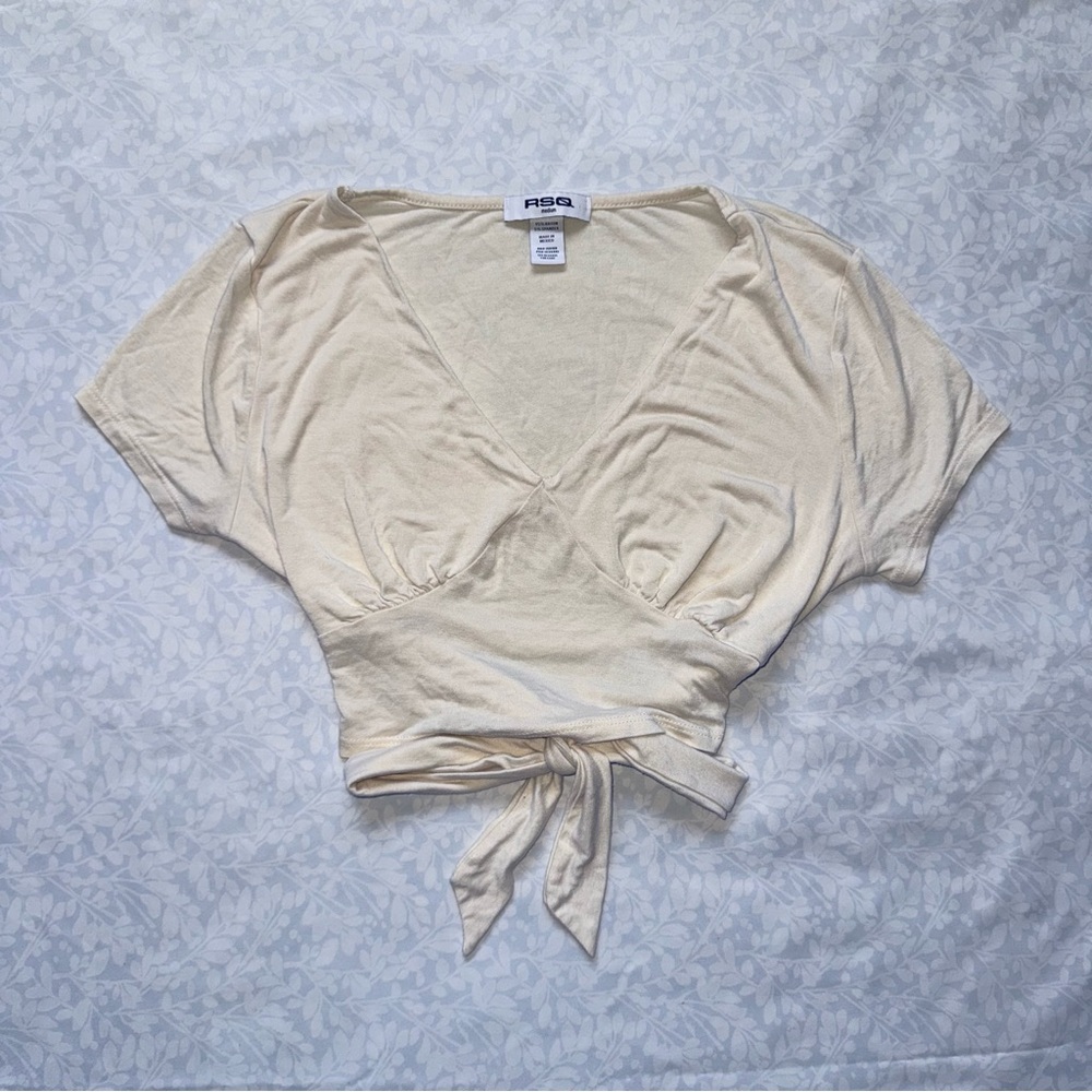 RSQ Tan Sleeve Crop Blouse Tied With Ribbon in Back